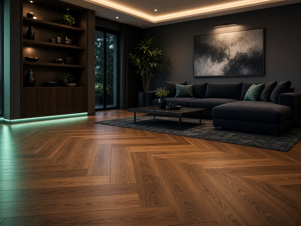 Flooring installer laying hardwood floor in a living room