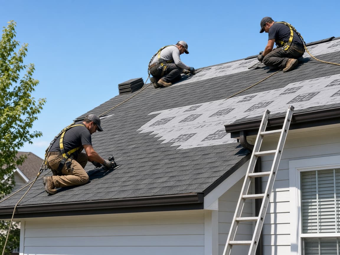 Roofing crew installing new shingles on a residential roof